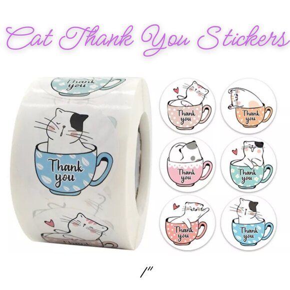 Cat Thank You Stickers Stickers ~ Qty 50 Size 1" - Picture 1 of 2